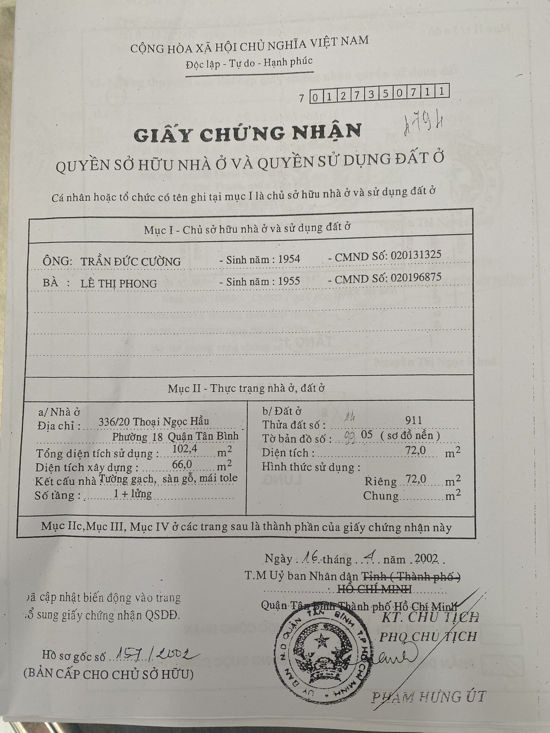 Bán Nhà hẻm Thoại Ngọc Hầu 8x18 cấp 4